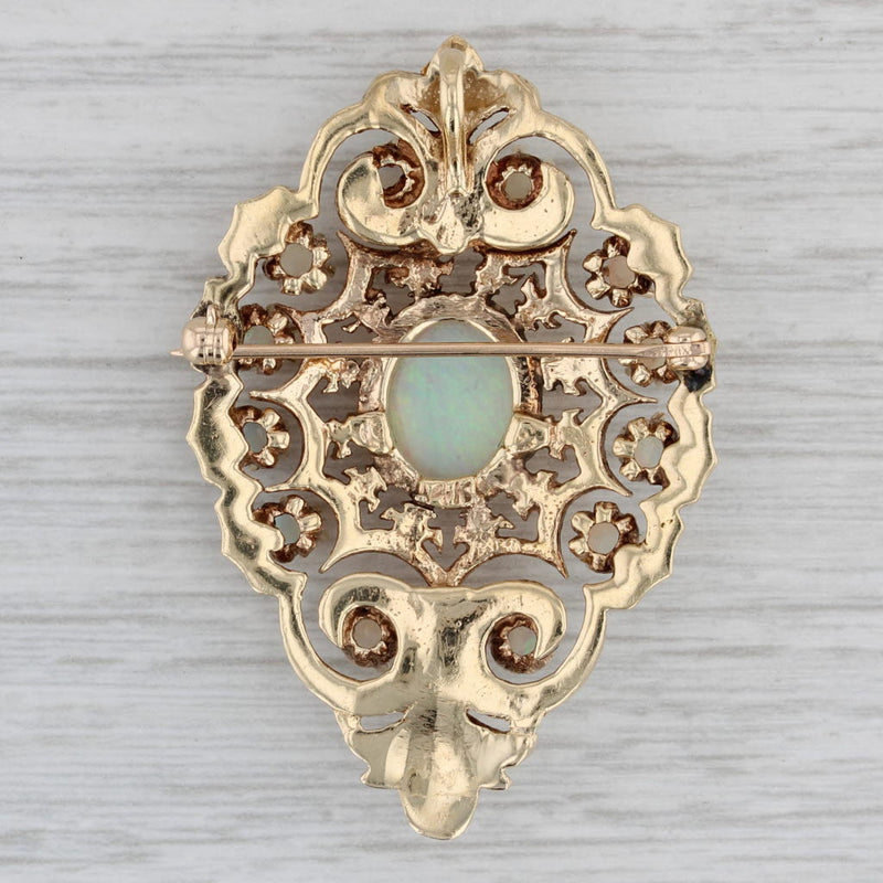 Vintage Opal Pendant Brooch 14k Yellow Gold Ornate Pierced Openwork