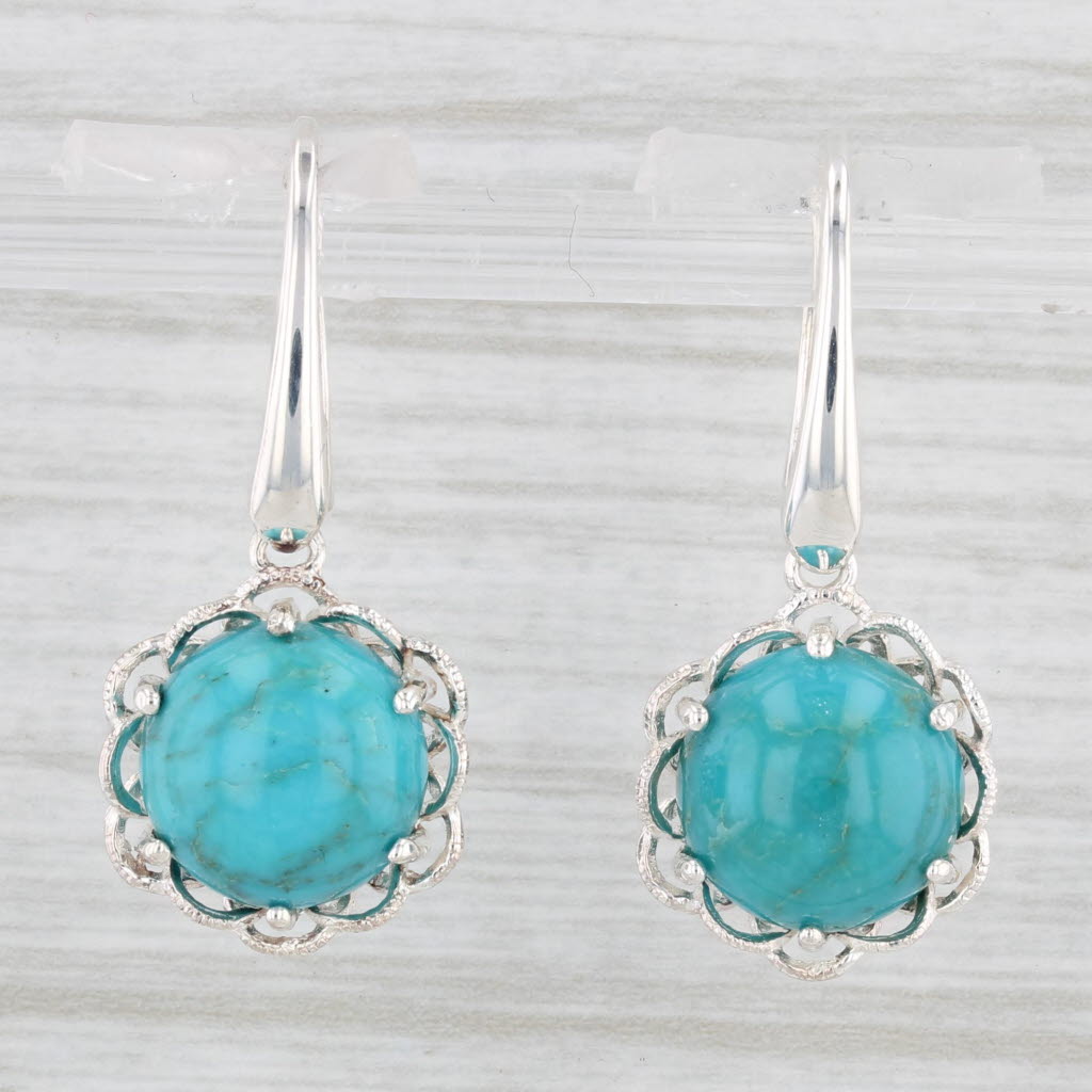 Light Gray Turquoise Flower Dangle Earrings Sterling Silver Hook Post Drops