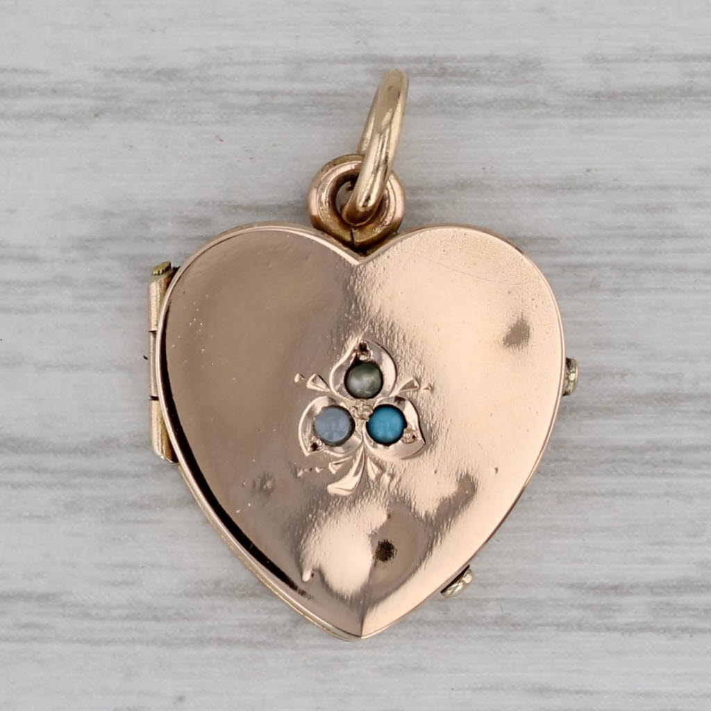 Gray Vintage Pearl Glass Heart Picture Locket Pendant 14k Yellow Gold Charm