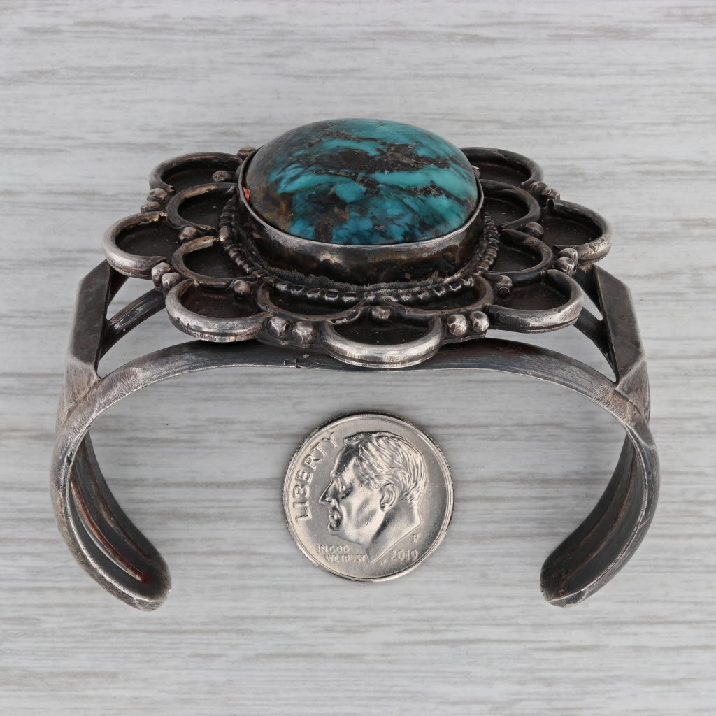 Gray Large Turquoise Flower Statement Cuff Bracelet Silver Vintage Native American