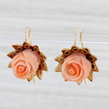 Antique Carved Coral Rose Flower Earrings 10k Yellow Gold Drops
