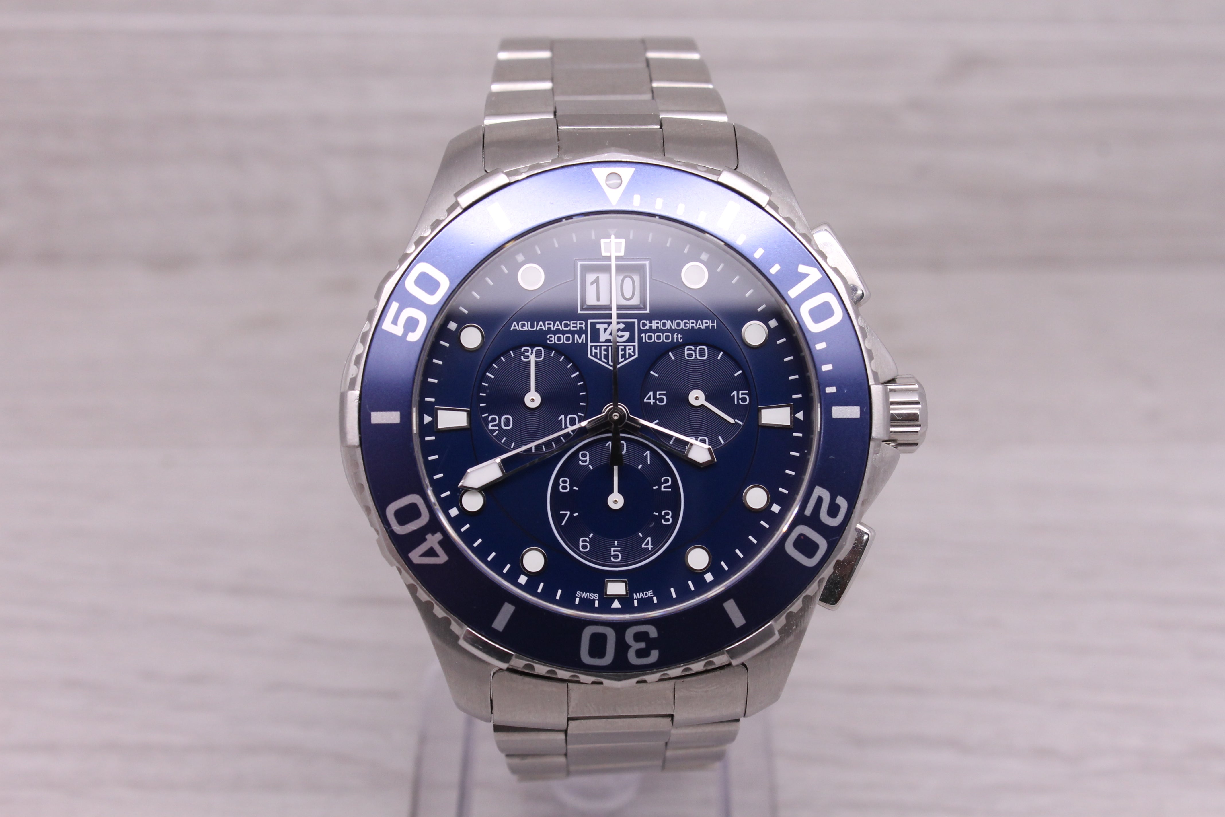 Gray Tag Heuer Blue Aquaracer Chronograph Mens 44mm Steel Quartz Watch CAN1011