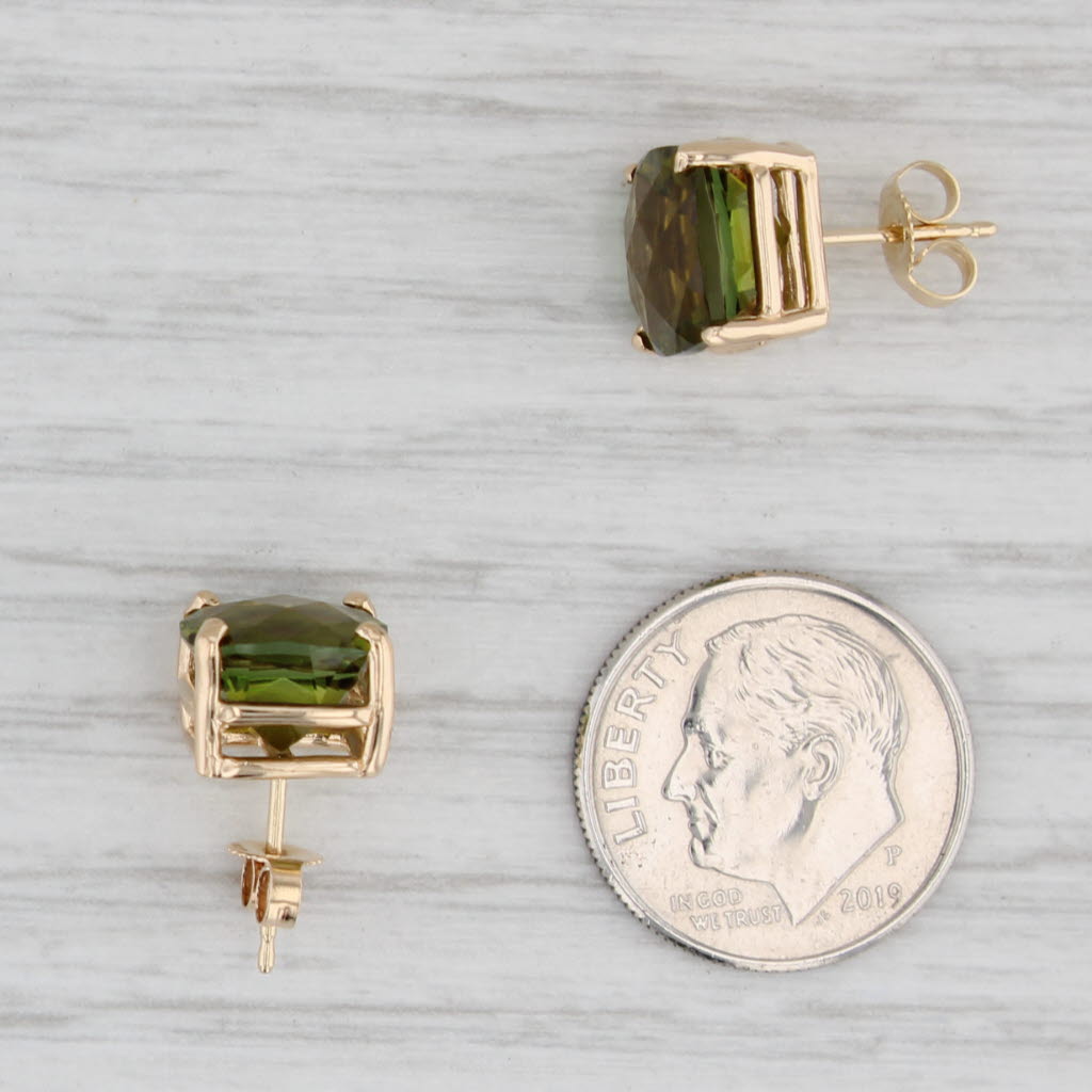 Light Gray 8.20ctw Green Tourmaline Stud Earrings 14k Yellow Gold Cushion Solitaire Studs