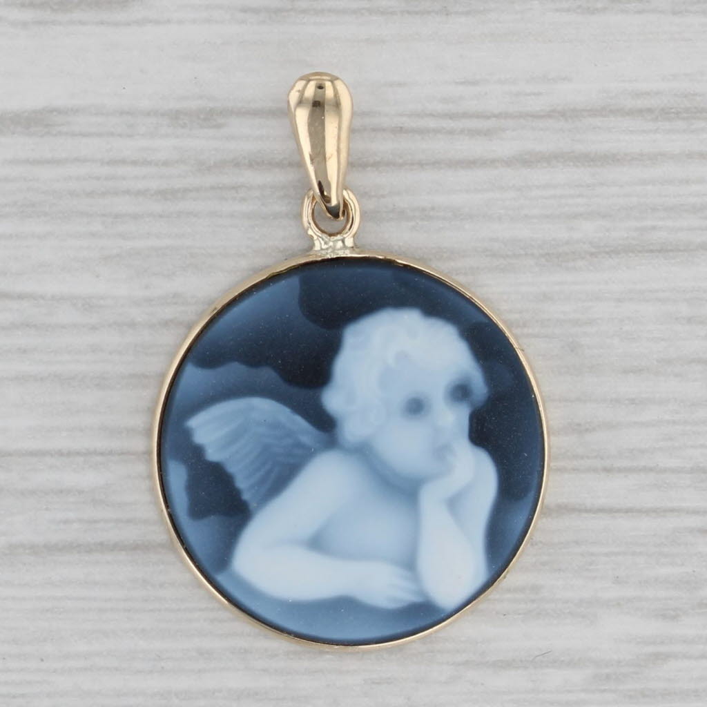 Gray Black White Carved Onyx Cherub Cameo Pendant 14k Yellow Gold Guardian Angel