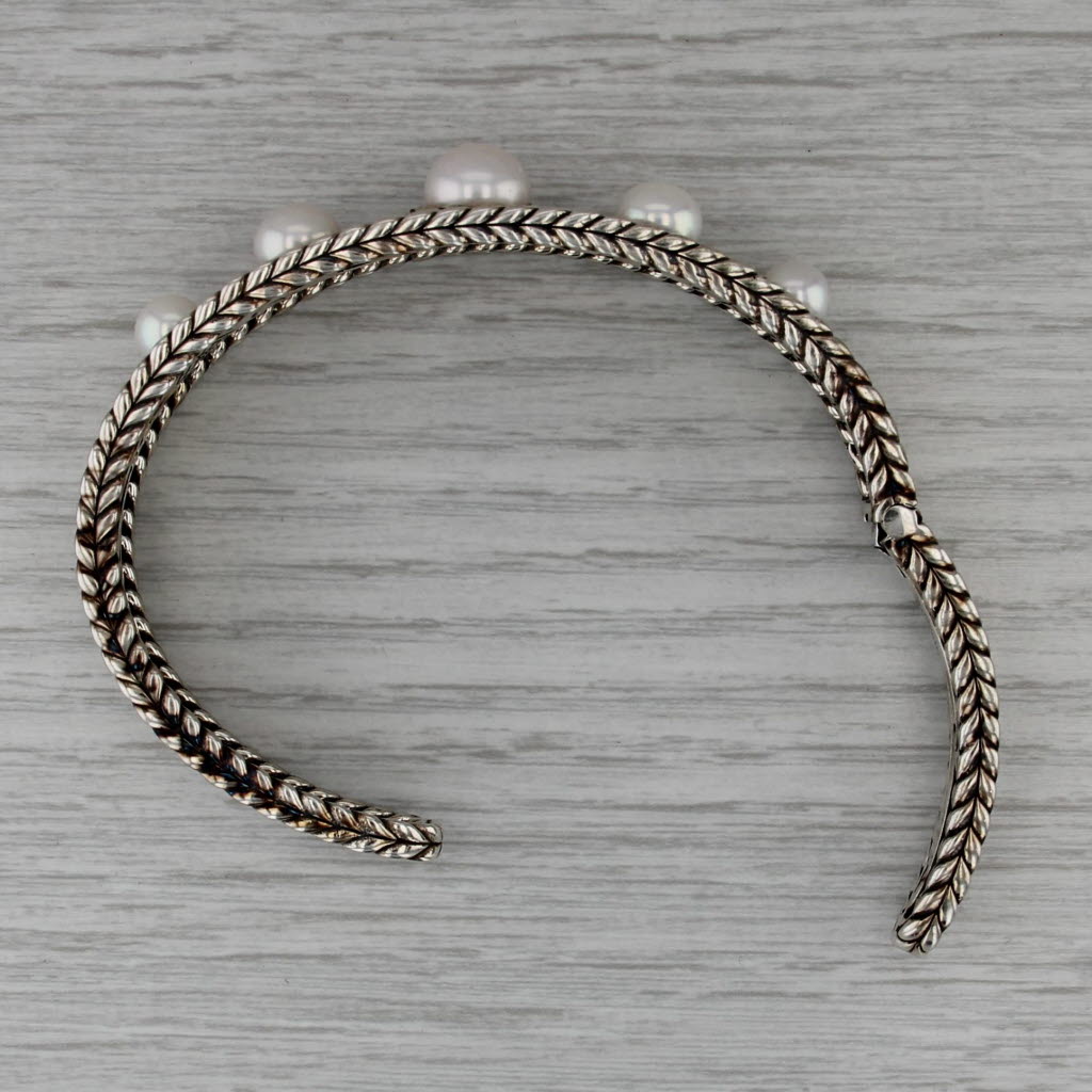 Jia John Hardy Cultured Pearl Hinged Cuff Bracelet Sterling Silver Divers 7.5"