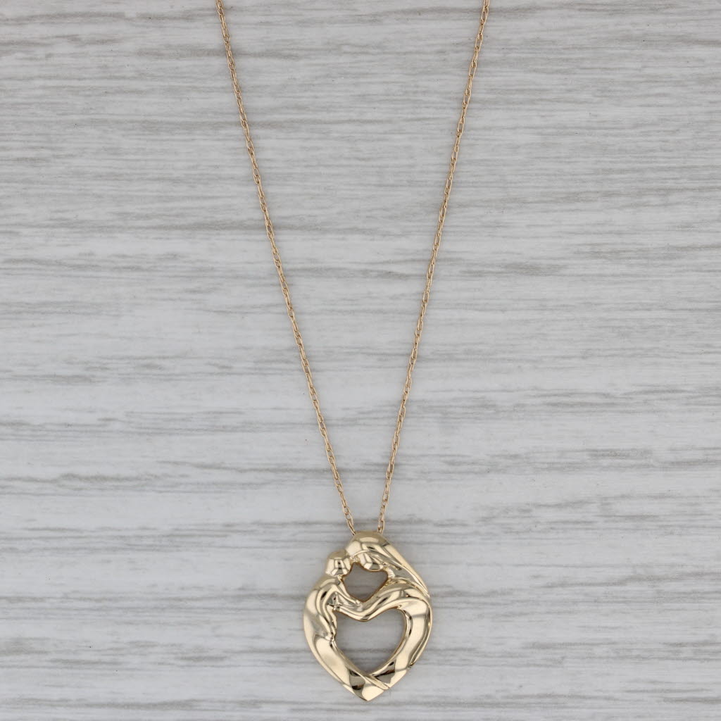 Mother & Child Heart Pendant Necklace 14k Yellow Gold 26.75" Fine Rope Chain