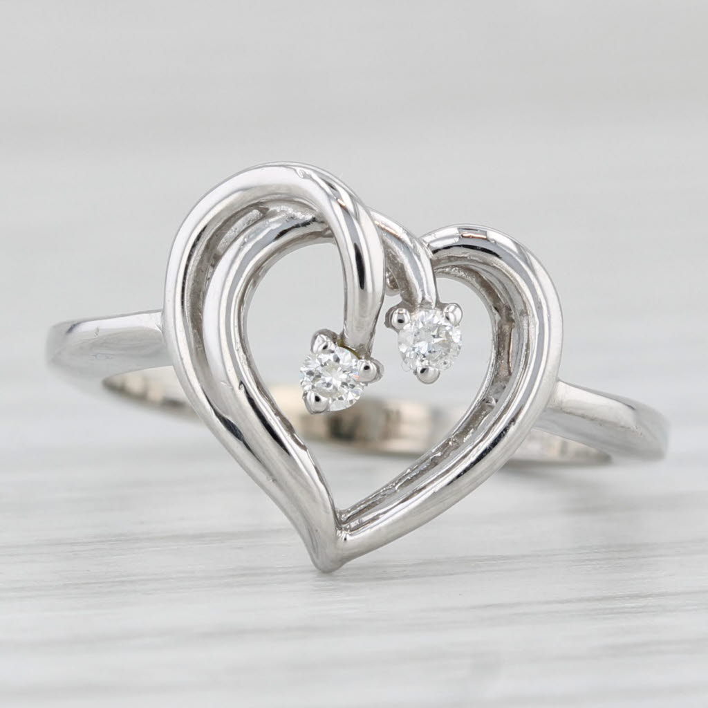 Light Gray Two Diamonds Inside Open Heart Ring 14k White Gold Size 4.5