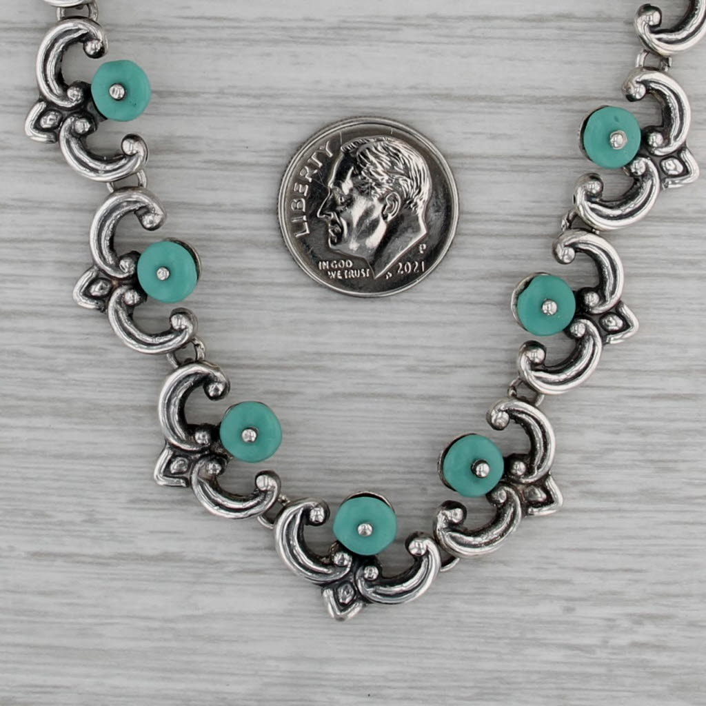 Glass Bead Curved Ornate Link Necklace Sterling Silver Taxco Mexico 14.75"