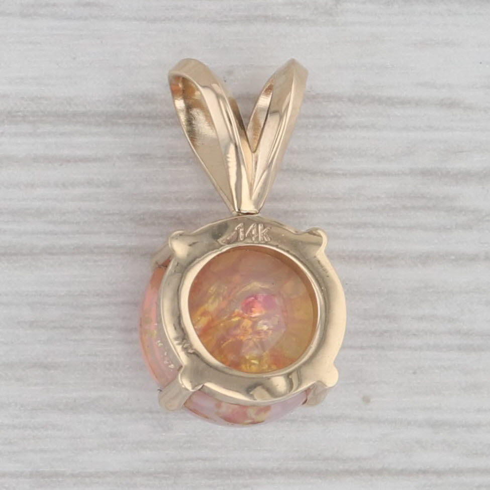 Gray Pink Glass Simulated Opal Small Drop Pendant 14k Yellow Gold Round Cabochon