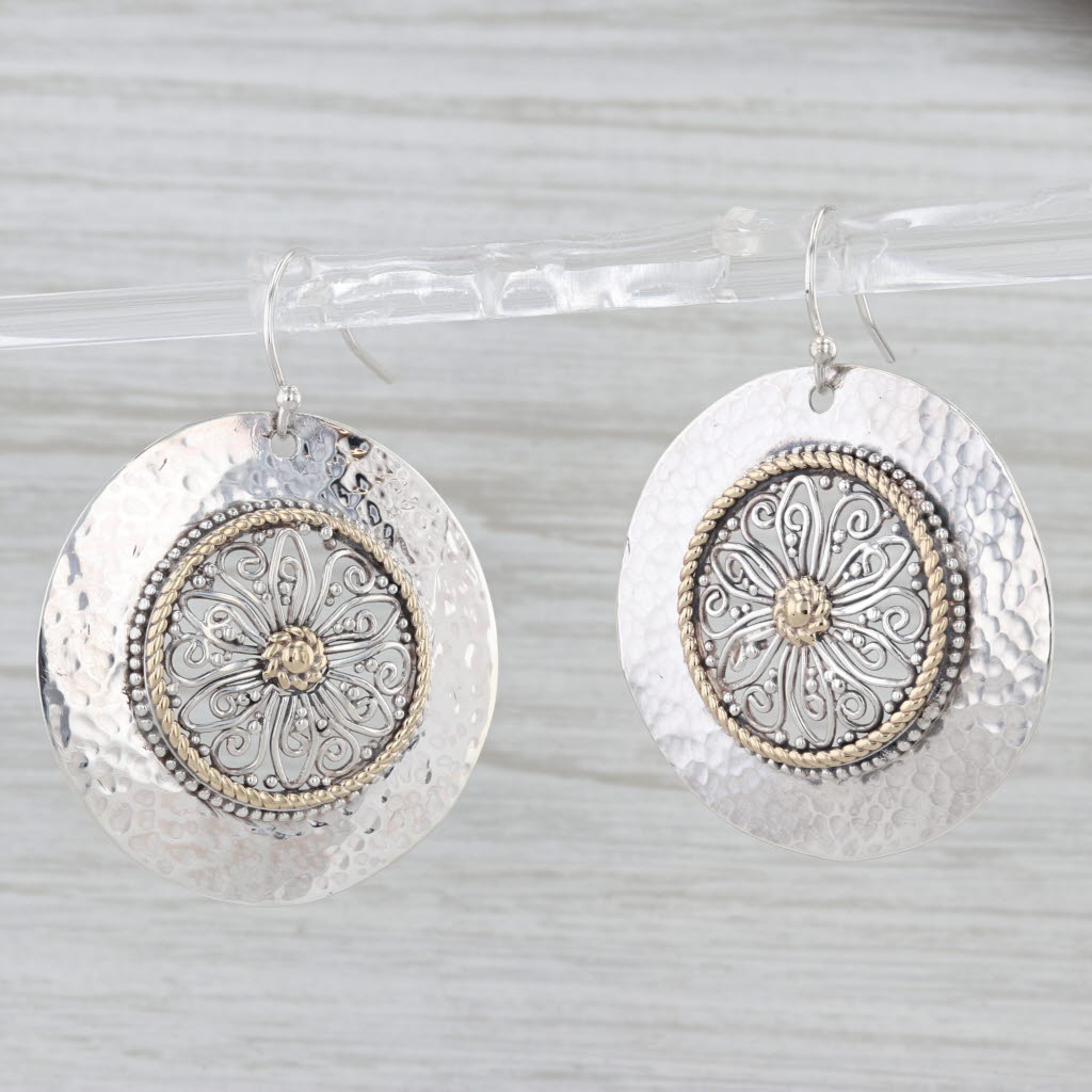 Ornate Flower Medallion Dangle Earrings Sterling Silver 14k Gold Hook Posts
