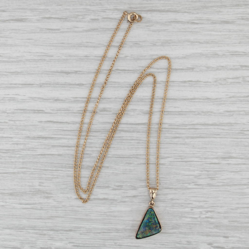 Triangle Cabochon Opal Pendant Necklace 14k Yellow Gold 17.5" Curb Chain