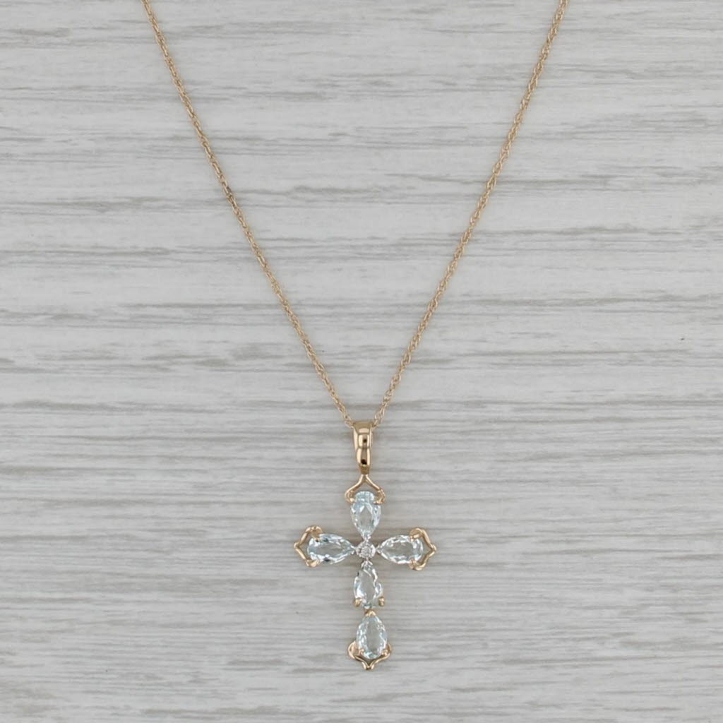 1ctw Aquamarine Cross Pendant Necklace 14k Yellow Gold 18.25" Rope Chain