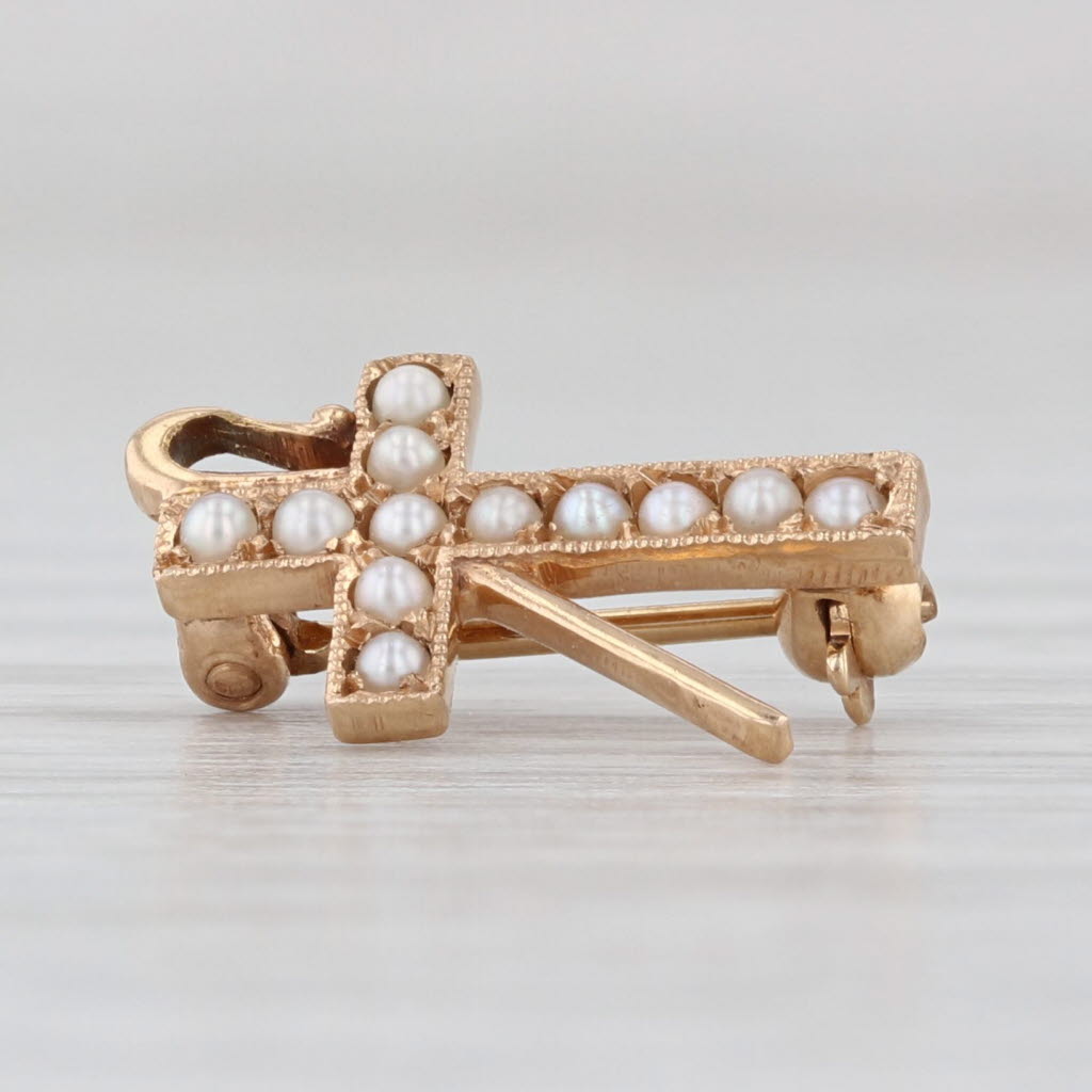 Vintage White Shrine of Jerusalem Pin 14k Gold Pearls Cross Staff Badge