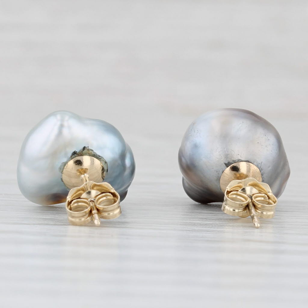 Light Gray Baroque Gray Black Cultured Pearl Stud Earrings 14k Yellow Gold