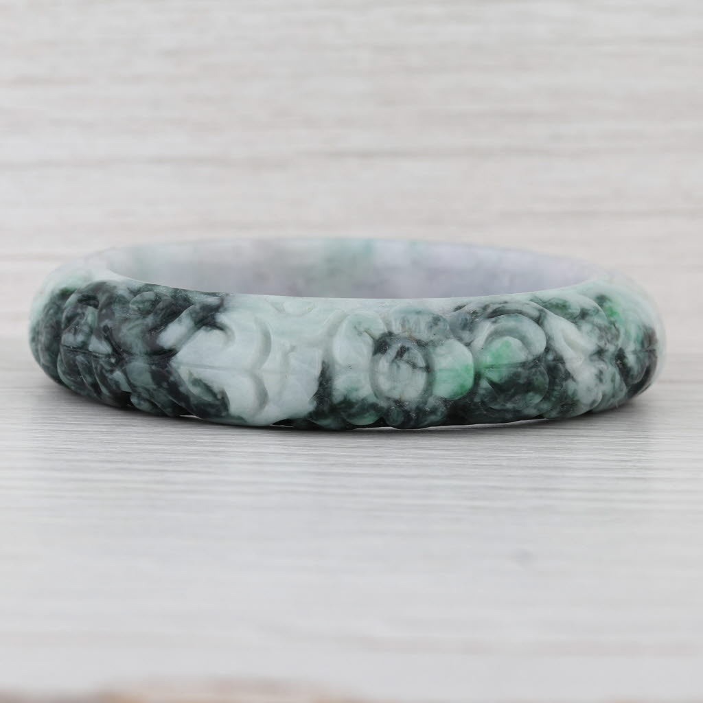 Marbled Green Floral Carved Jadeite Jade Bangle Bracelet 7” 14.2mm Stackable