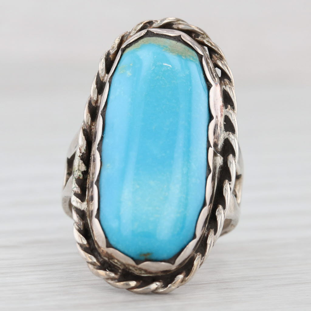 Light Gray Vintage Native American Oval Turquoise Cabochon Ring Sterling Silver Stamped