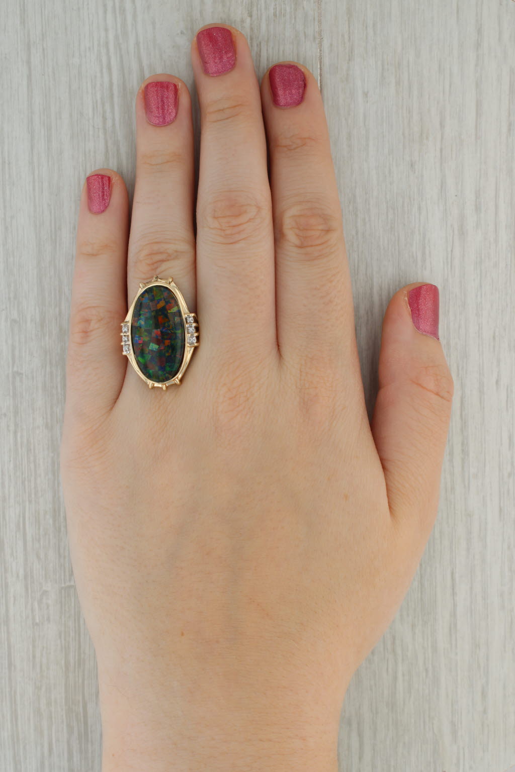 Dark Gray Colorful Mosaic Opal Triplet Diamond Ring 14k Yellow Gold Cocktail Statement Size 9