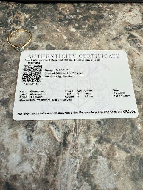 0.48ctw Pear Alexandrite Diamond Ring 10k Yellow Gold Size 7.25 COA