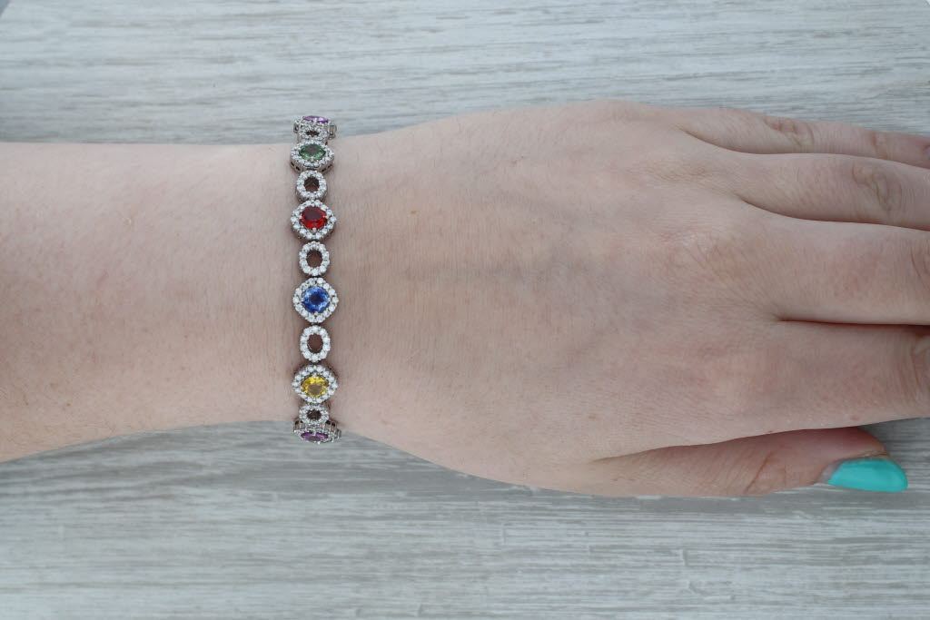 Dark Gray 15.62ctw Multicolor Sapphire Diamond Tennis Bracelet 18k White Gold 6.75"