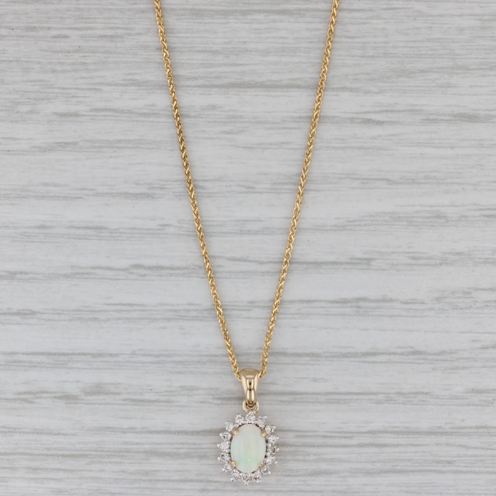 Gray Opal Diamond Halo Pendant Necklace 14k Yellow Gold Wheat Chain 18"