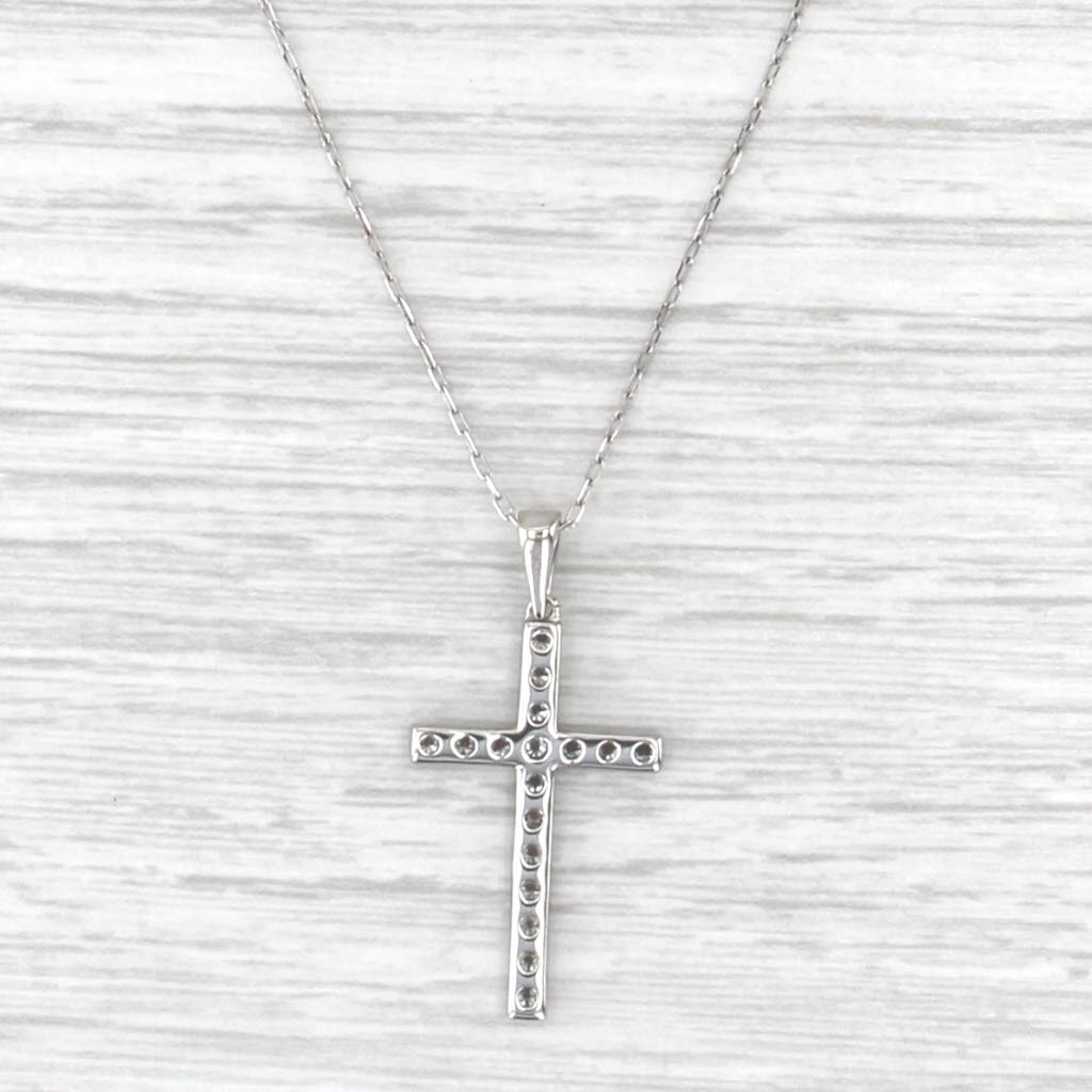 0.38ctw Diamond Cross Pendant 10k White Gold 16.5-18.75" Cable Chain