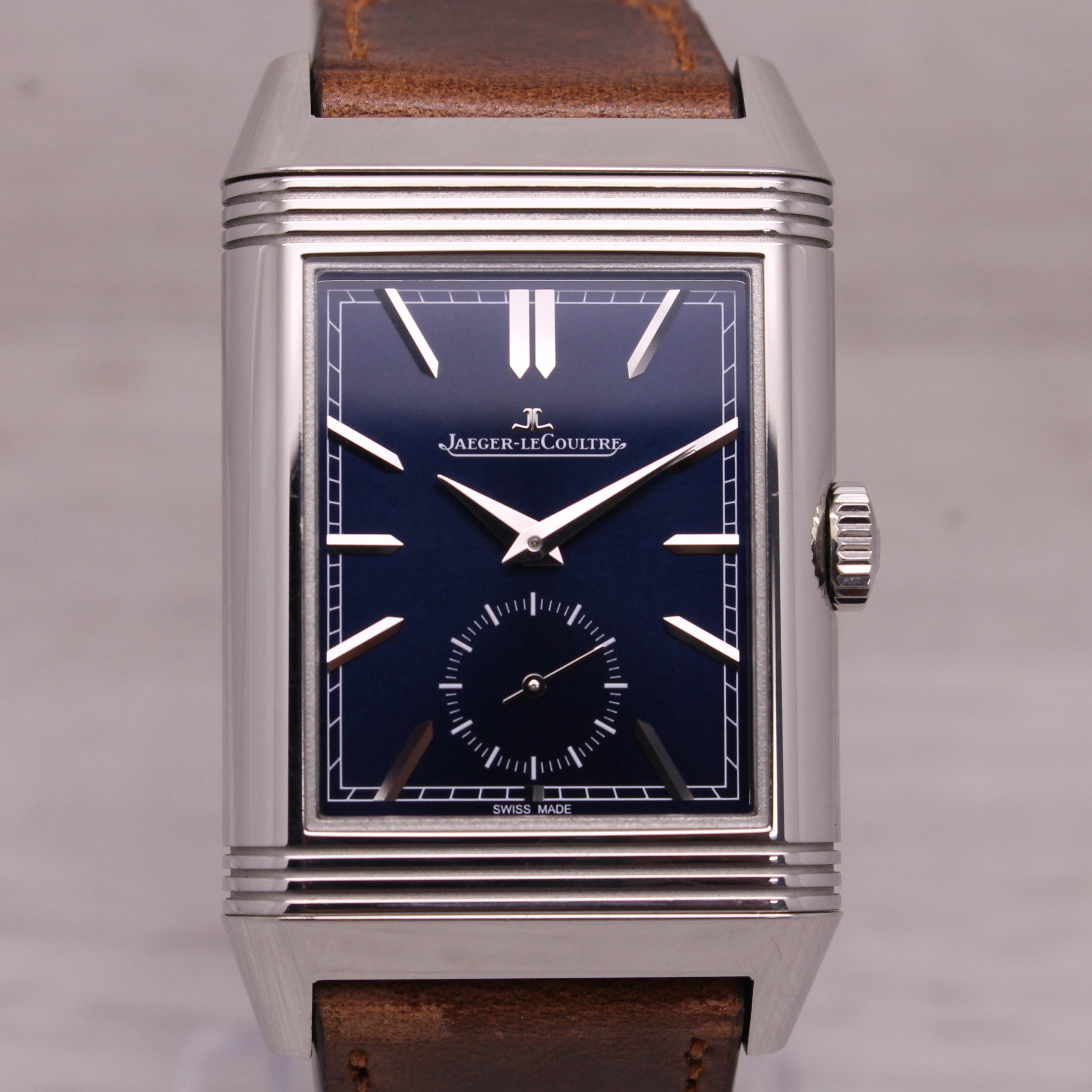 Dark Gray JLC Jaeger LeCoultre Reverso Duoface Steel Mens Watch Q3988482 Box Card 3 Straps