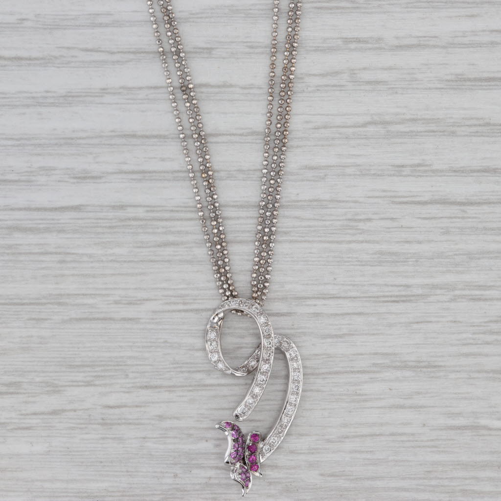 Gray 0.58ctw Pink Sapphire Diamond Swirl Butterfly Pendant Necklace 18k Gold Bergio