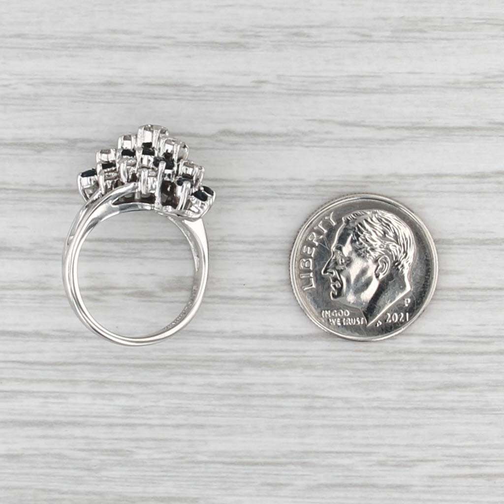 1ctw Blue Sapphire Diamond Cluster Bypass Ring 14k White Gold Size 5.25