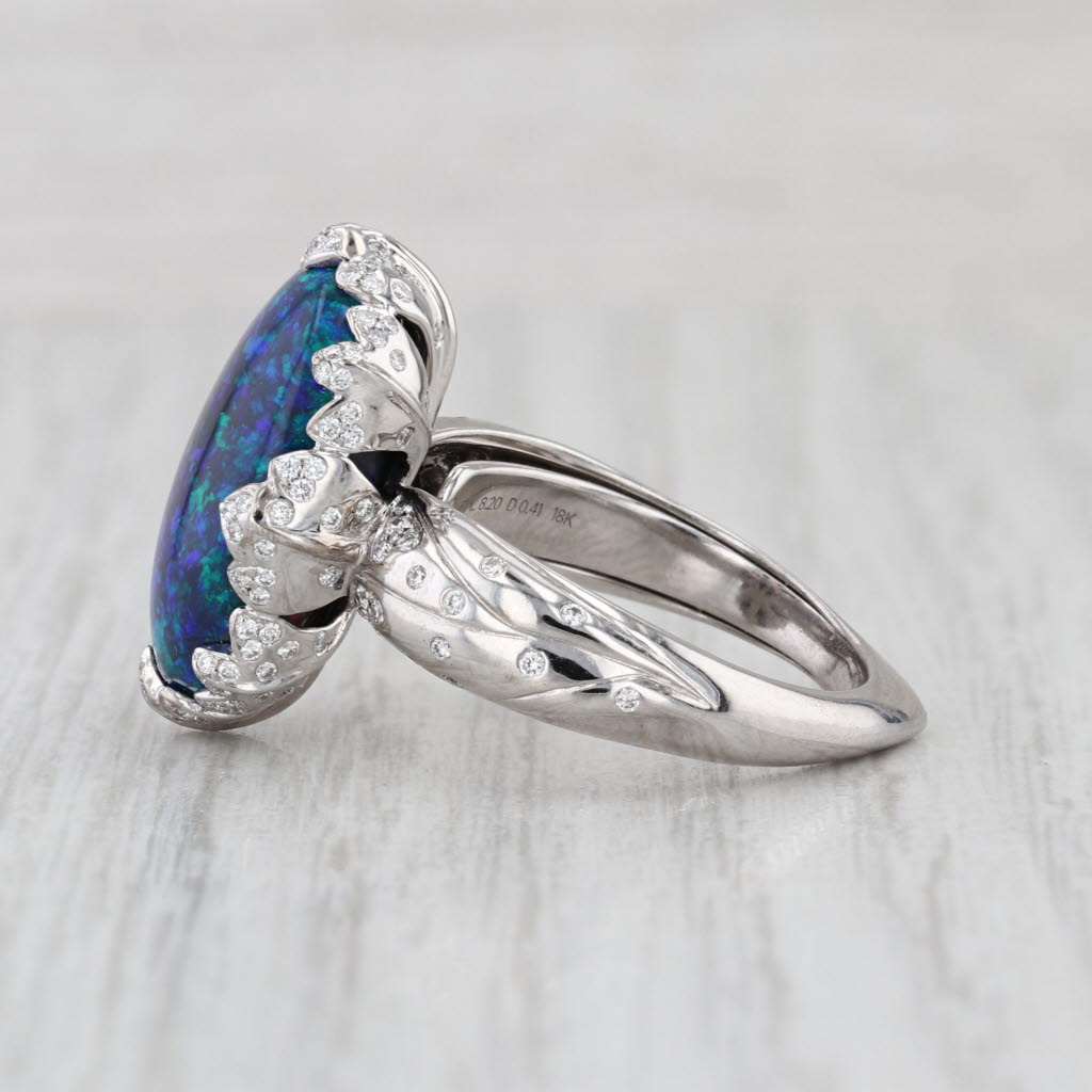 Kat Florence Black Opal Flawless Diamond Ring 18k Gold AJI Blue Green Cabchon