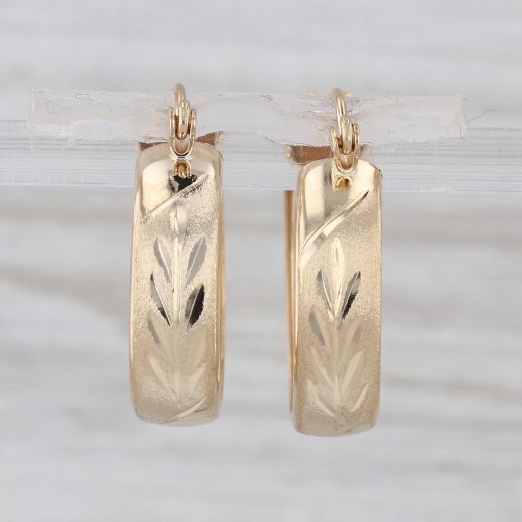 Flower Etched Hoop Earrings 14k Yellow Gold Snap Top Round Hoops