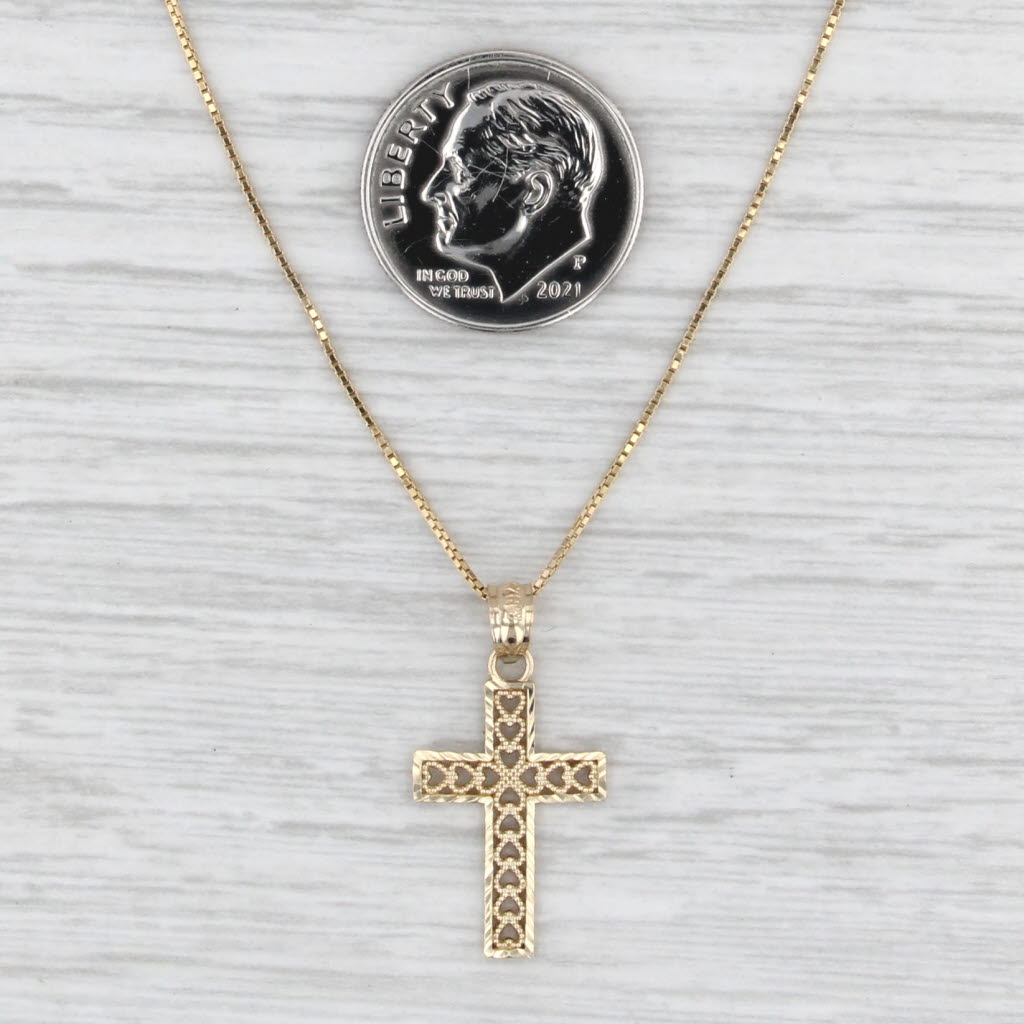 Filigree Hearts Cross Pendant 14k Yellow Gold 16" Box Chain