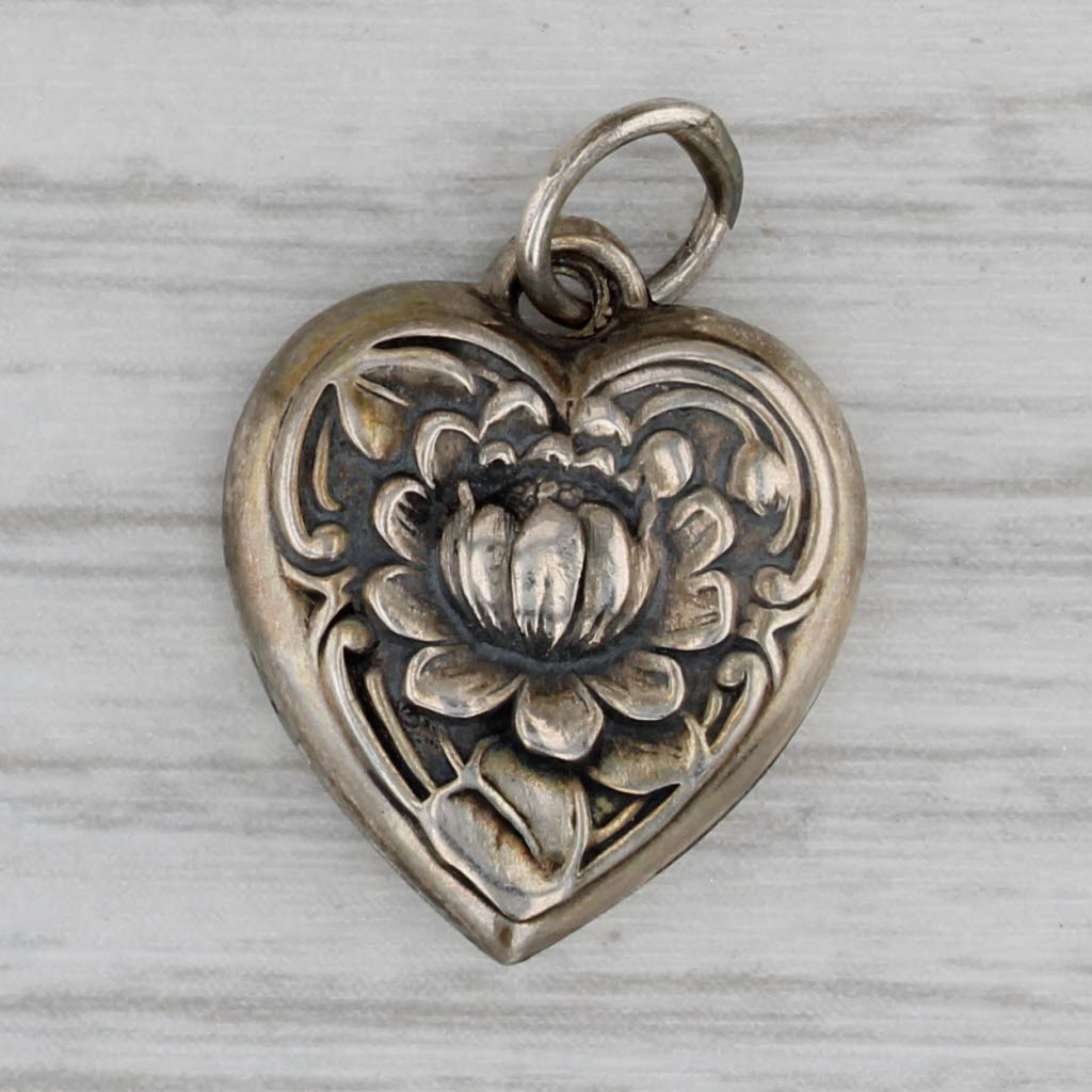 Gray Vintage Floral Puffy Heart Charm Sterling Silver Pendant