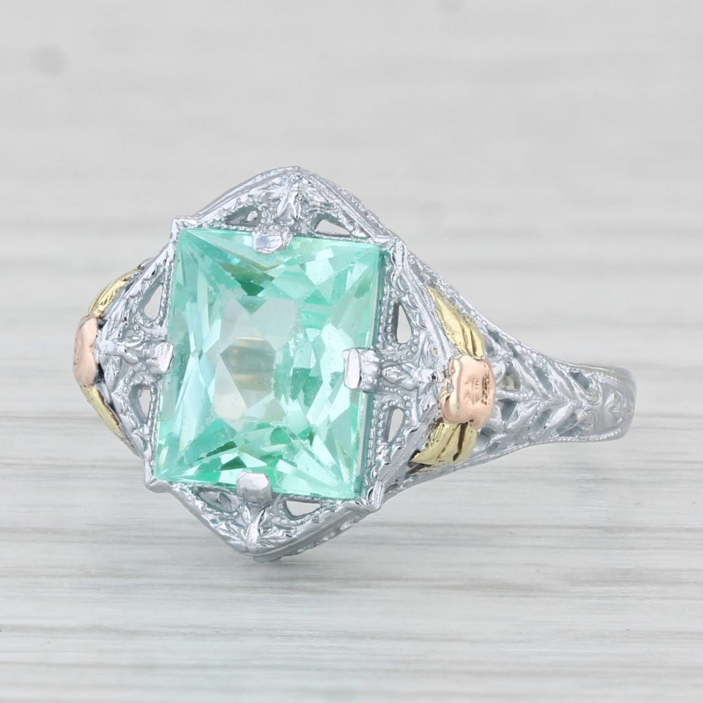 Light Gray Vintage Lab Created Green Spinel Ring 10k White Gold Filigree Size 6.25