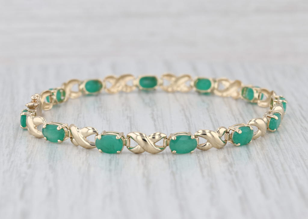 5.65ctw Emerald Tennis Bracelet Inifinity Links 14k Yellow Gold 7.25" 4.9mm