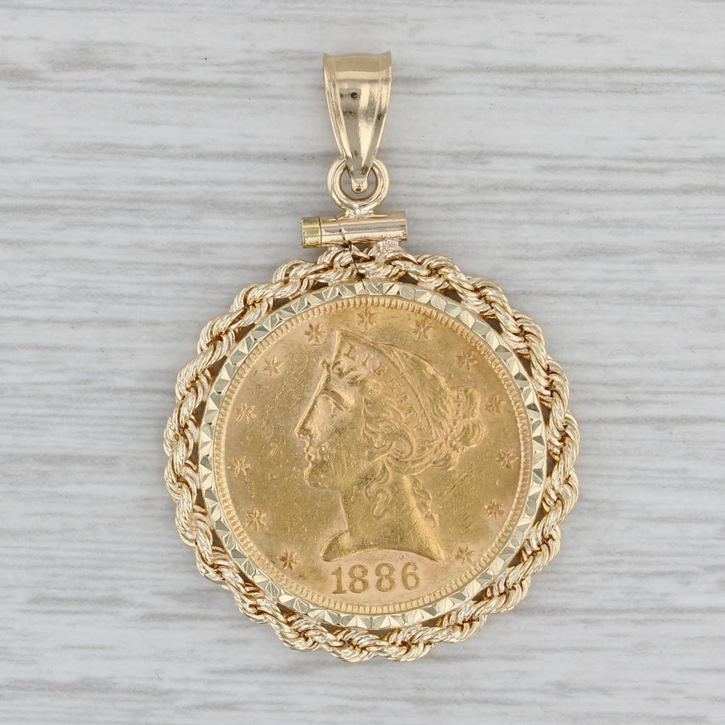 Gray Authentic 1886 5 Dollar Liberty Coin Pendant 14k Bezel 900 Coin Yellow Gold