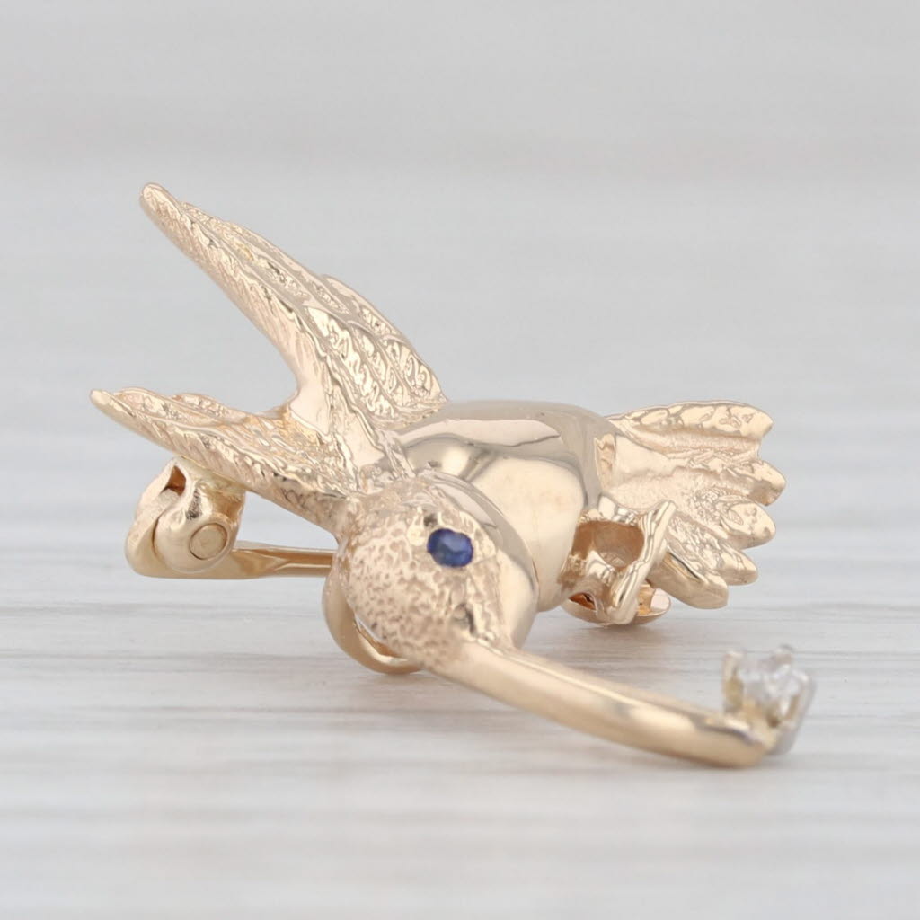 Light Gray Diamond Blue Sapphire Hummingbird Pin Pendant 14k Yellow Gold Brooch