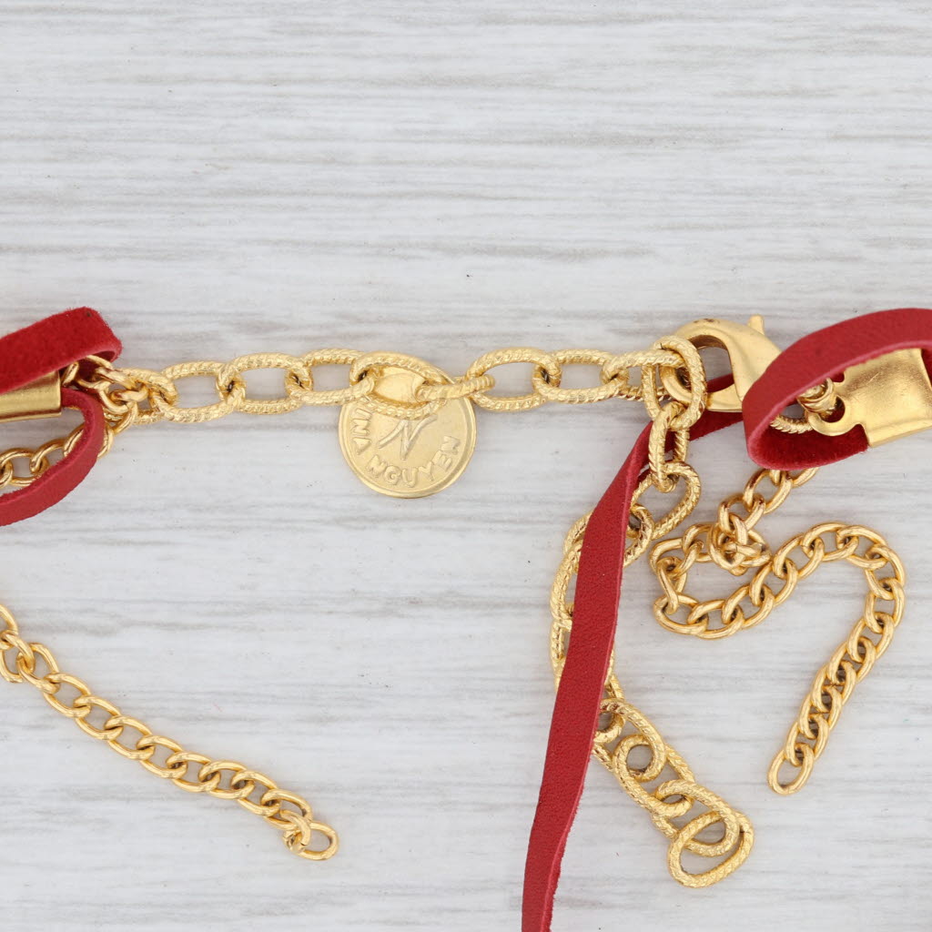 New Cordelia Nina Wynn Necklace Red Woven Leather Gold Vermeil White Druzy