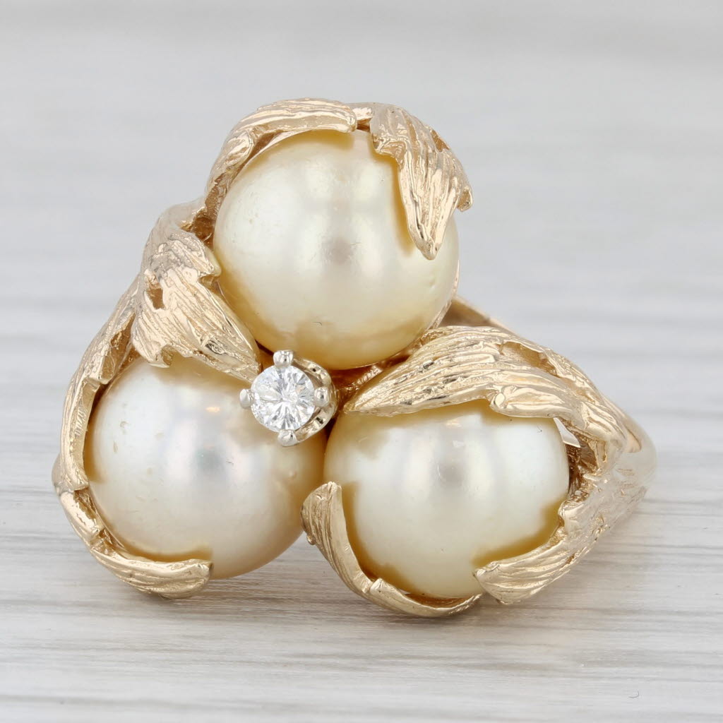 Light Gray Floral Cultured Pearl 3-Stone Cluster Diamond Ring 14k Yellow Gold Size 5
