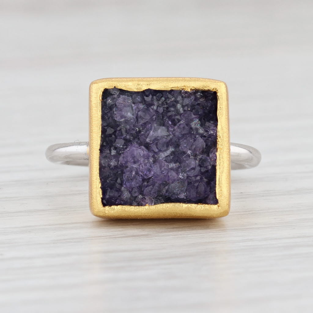 New Nina Wynn Druzy Quartz Amethyst Ring Sterling Silver 22k Gold Vermeil Sz 7