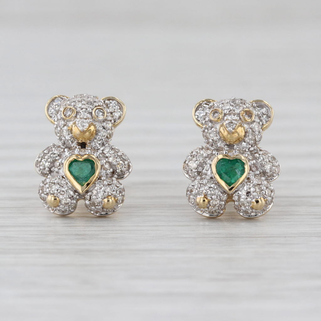 0.86ctw Emerald Hearts Diamond Teddy Bear Stud Earrings 10k Yellow Gold
