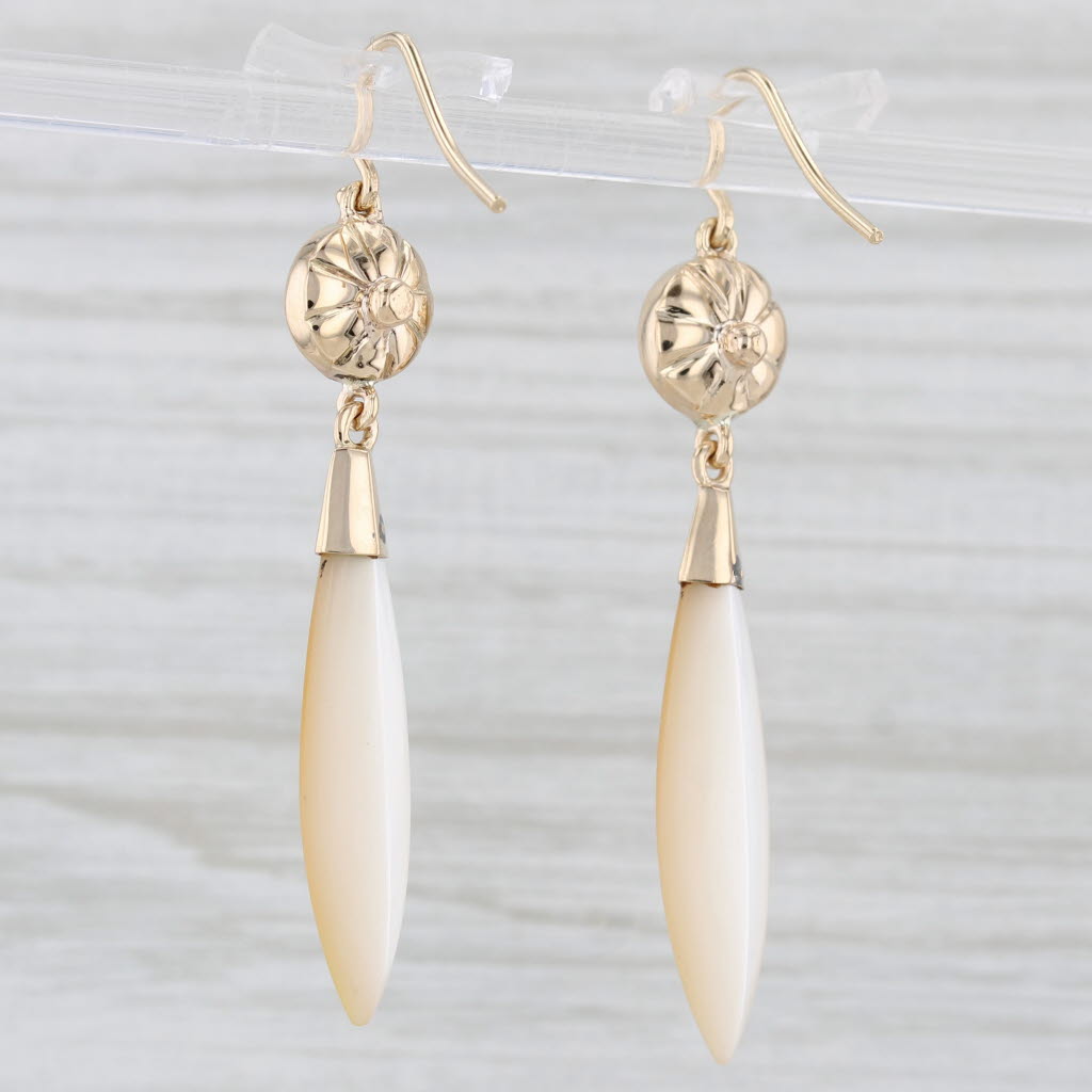 Light Gray Vintage Mother of Pearl Shell Dangle Earrings 14k Yellow Gold Hook Posts