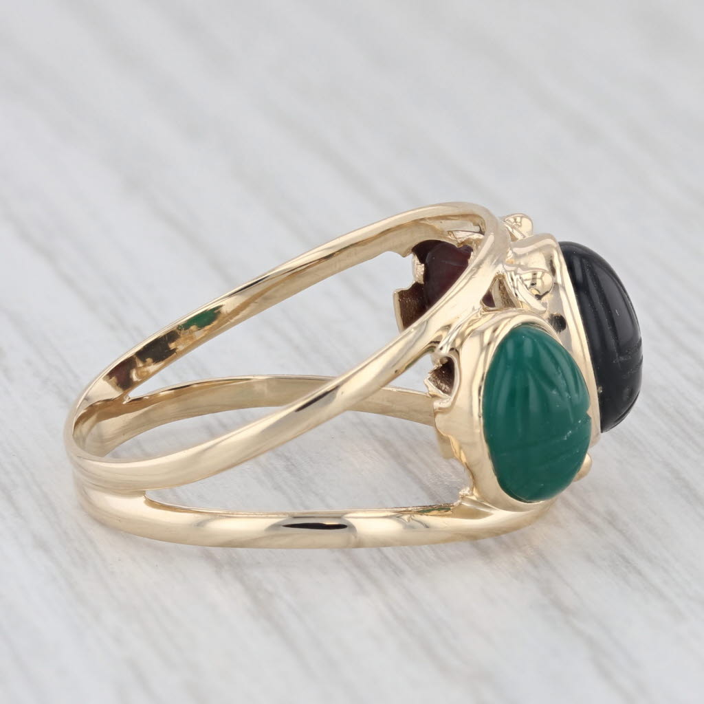 Light Gray Vintage 3 Stone Oval Scarab Chalcedony 14k Yellow Gold Size 10 Ring