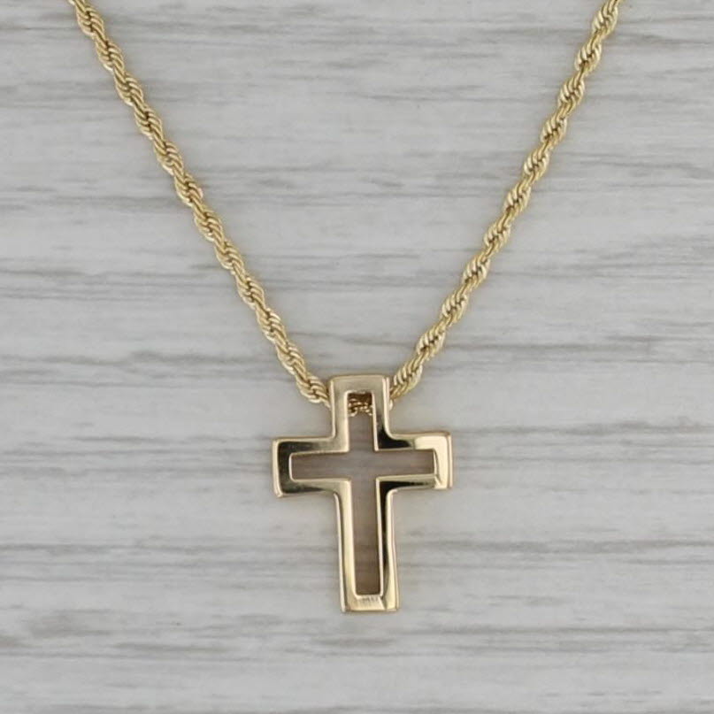 Small Cross Pendant Necklace 14k Yellow Gold Rope Chain 18"