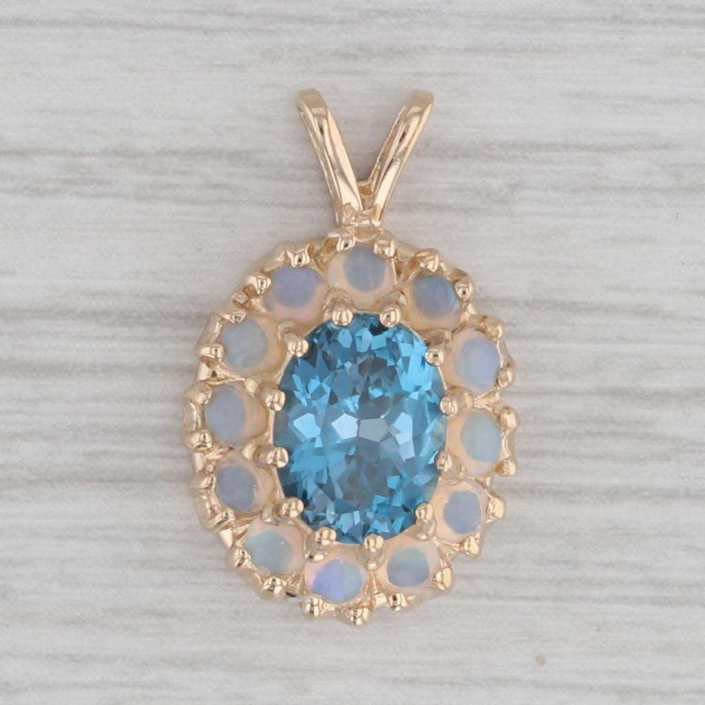 Gray 1.60ct London Blue Topaz Opal Halo Pendant 14k Yellow Gold