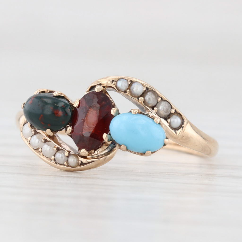 Light Gray Victorian Pearl Bloodstone Garnet Bypass Ring 10k Yellow Gold Size 6.75