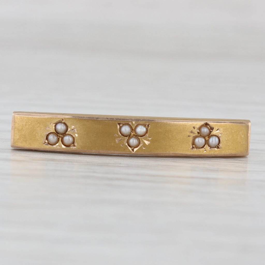 Antique Seed Pearls Bar Pin 10k Yellow Gold Brushed Finish