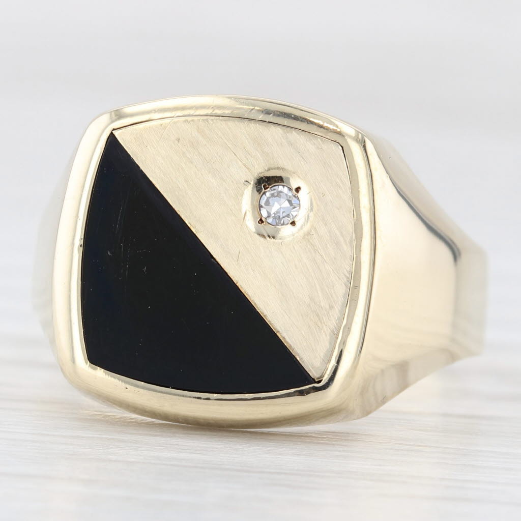 Light Gray Onyx Diamond Signet Ring 10k Yellow Gold Size 12.25 Vintage Men's