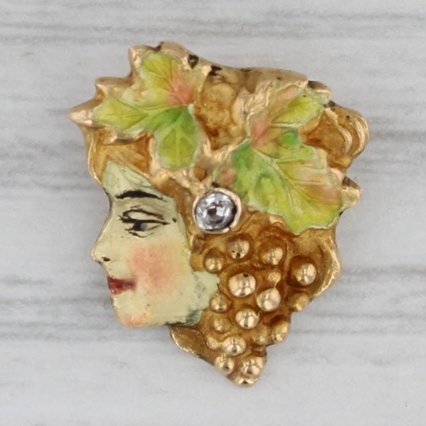 Gray Art Nouveau Figural Lady Pendant 14k Gold Enamel Vintage Converted Stickpin