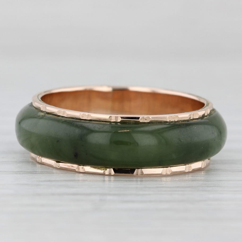 Light Gray Green Nephrite Jade Band Gold Bamboo Pattern 14k Size 8.25 Ring