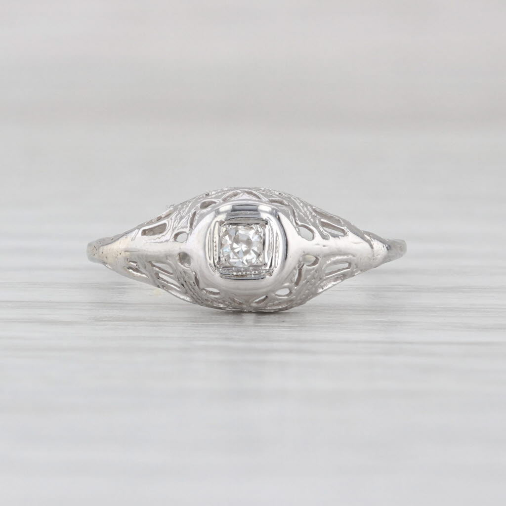 Art Deco Diamond Solitaire Filigree Ring 18k White Gold Size 4.75